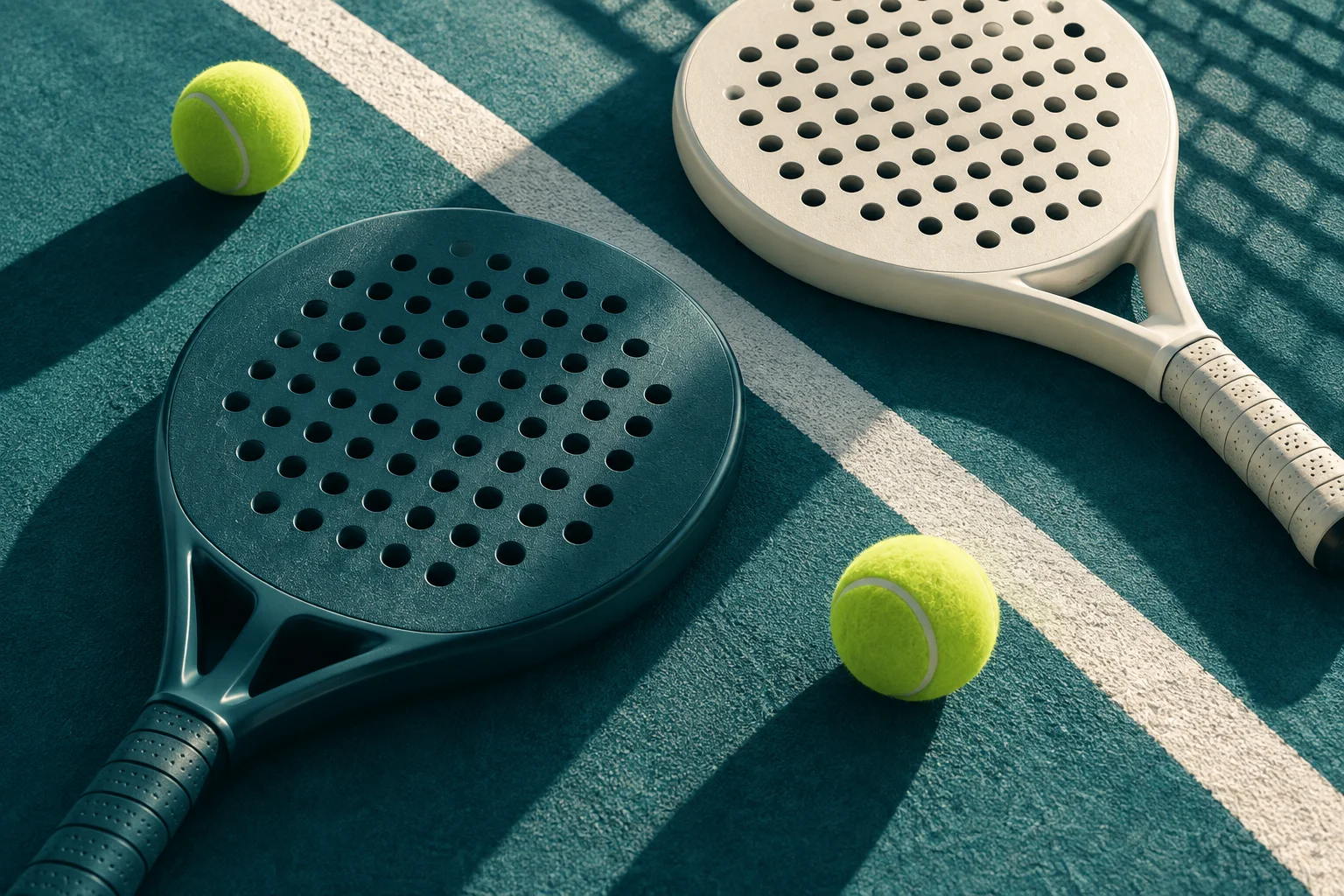 Composizione illustrata di racchette da padel e palline su una superficie color petrolio